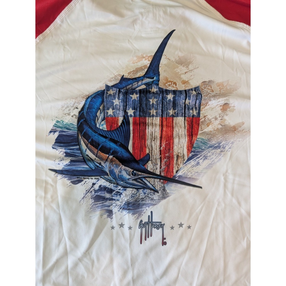New Men's 2XL Guy Harvey Marlin Americana Sun Defender UV Long Sleeve Fish Shirt